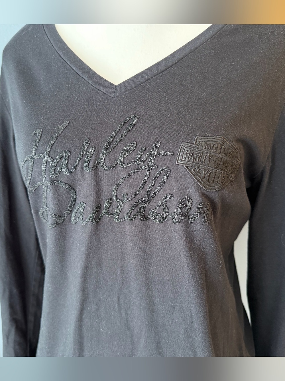 Harley-Davidson Moto Black Embroidered V-Neck Long Sleeve Tee